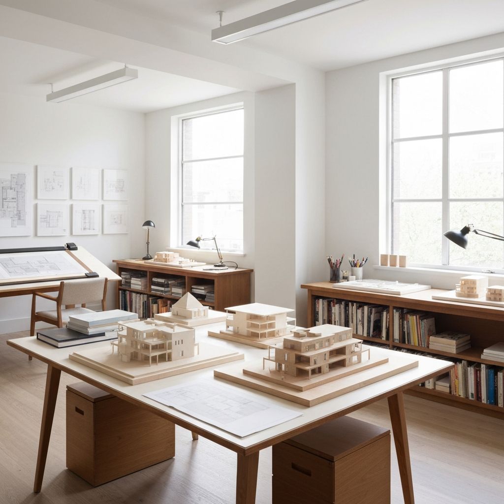 Interior del estudio de arquitectura con mesas de trabajo y maquetas